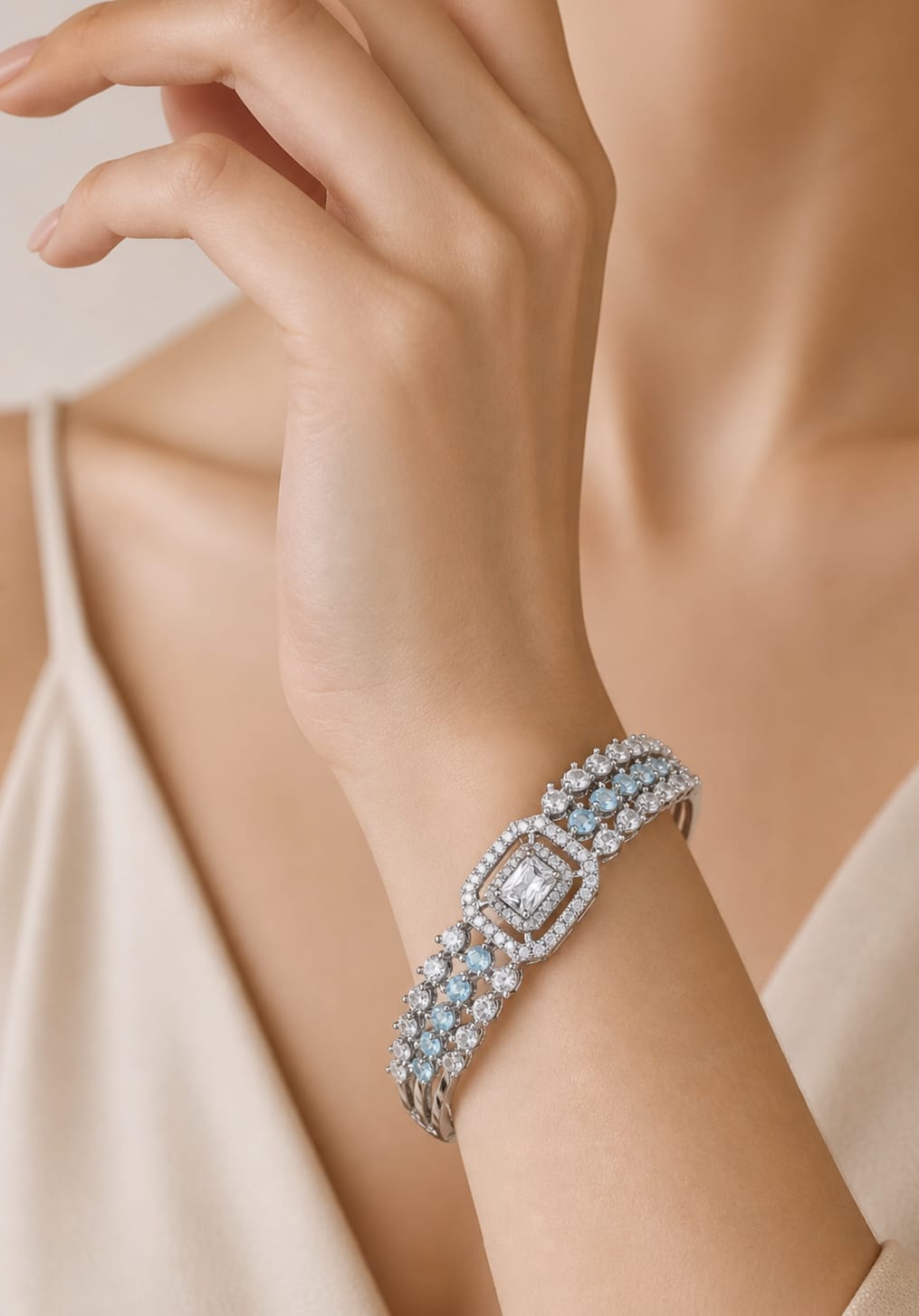 Elegant Silver-Tone Artificial Crystal Bracelet with Secure Clasp image 1