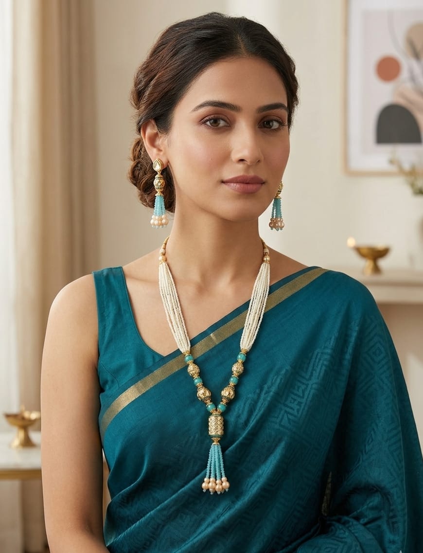 Traditional Pearl & Turquoise Beaded Necklace Set image 1