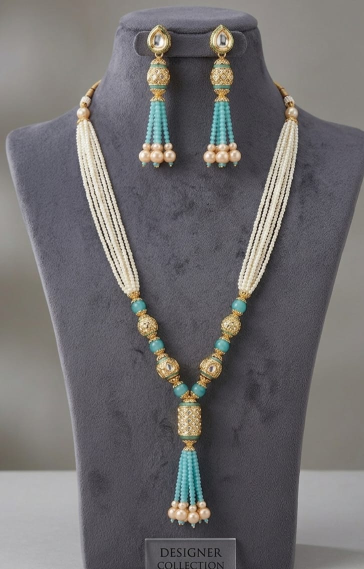 Traditional Pearl & Turquoise Beaded Necklace Set image 2
