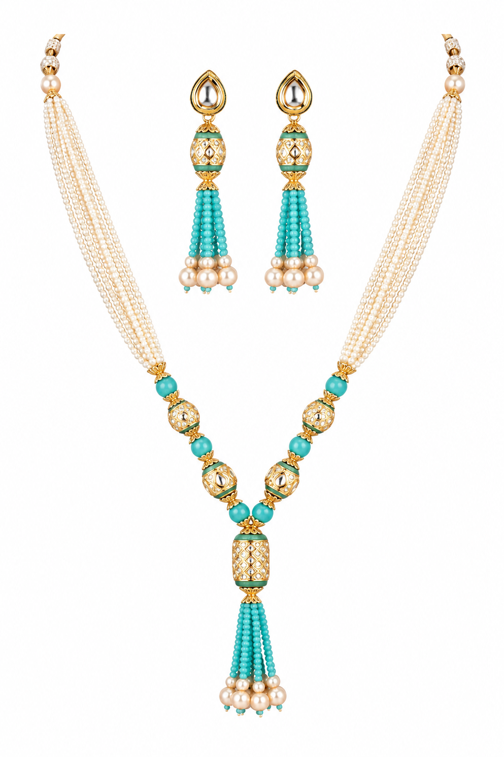 Traditional Pearl & Turquoise Beaded Necklace Set image 4