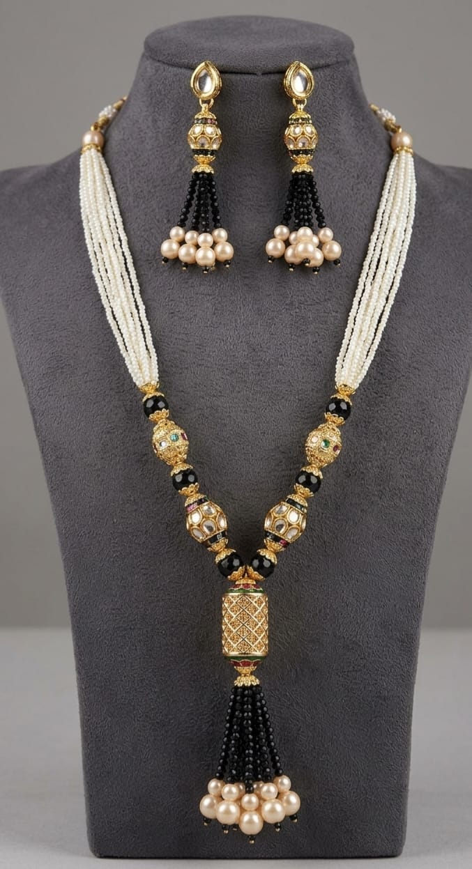 Traditional Black Pearl & Turquoise Beaded Necklace Set image 2