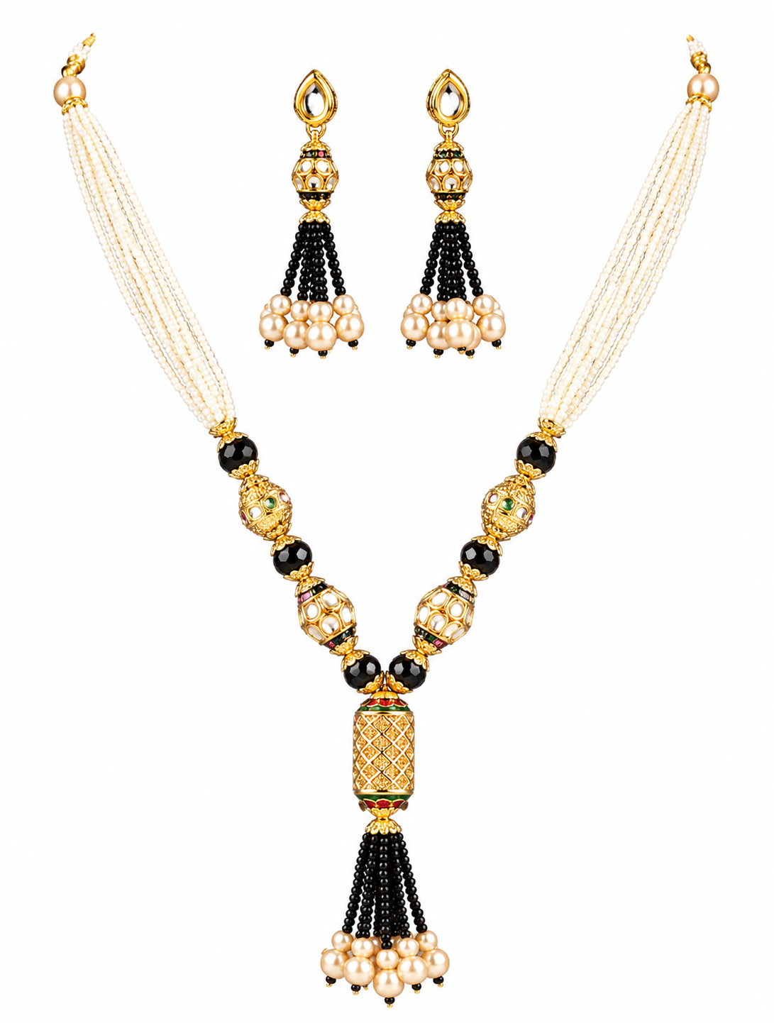 Traditional Black Pearl & Turquoise Beaded Necklace Set image 3