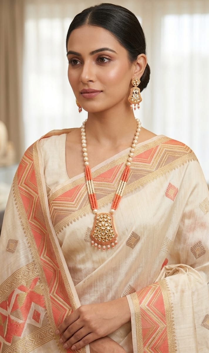 Peach & Pearl Traditional Kundan Necklace Set with Earrings image 1