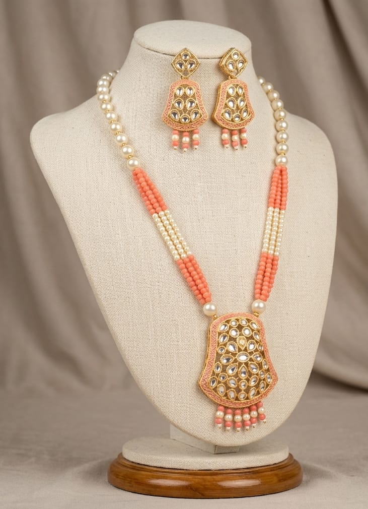 Peach & Pearl Traditional Kundan Necklace Set with Earrings image 3