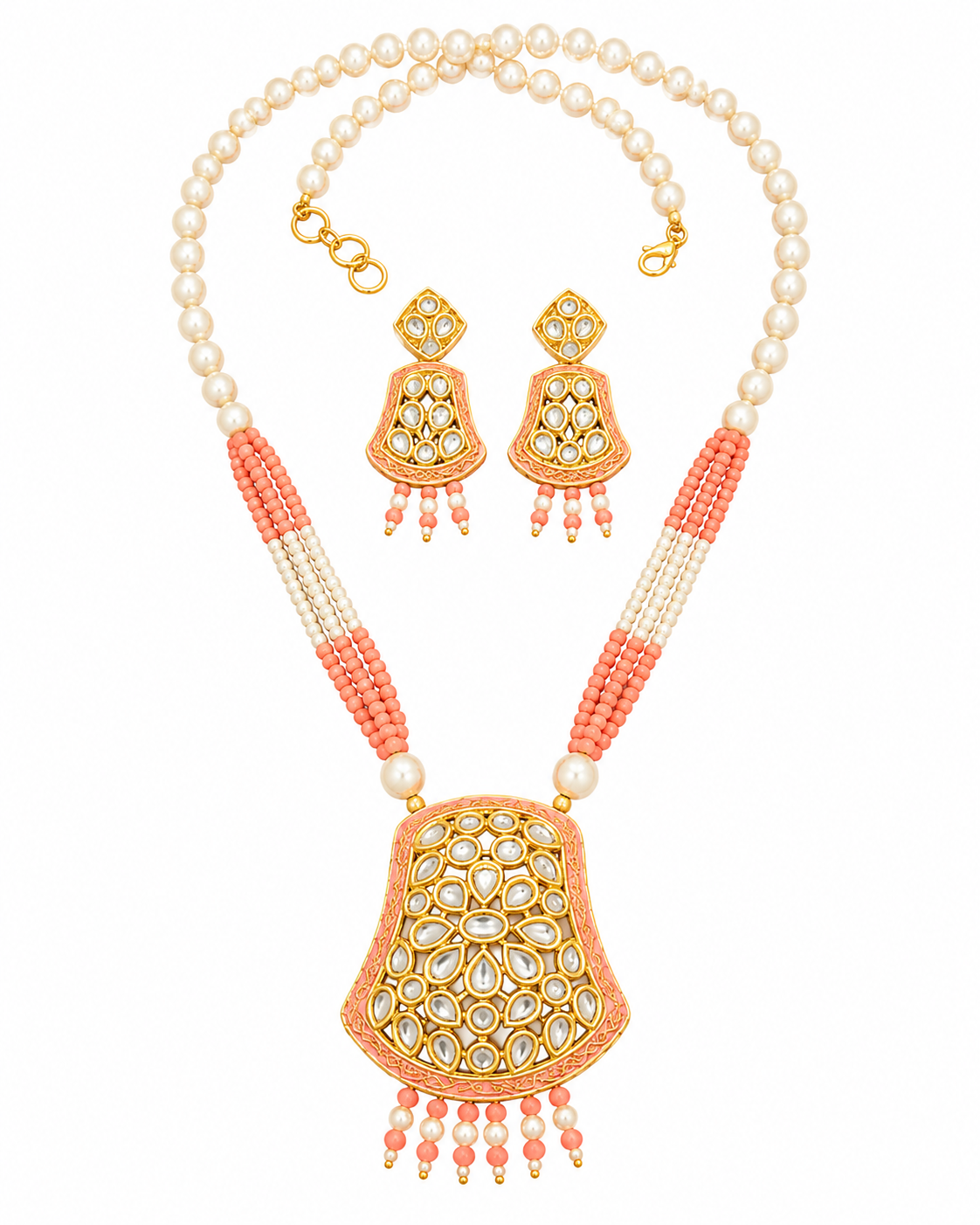 Peach & Pearl Traditional Kundan Necklace Set with Earrings image 4