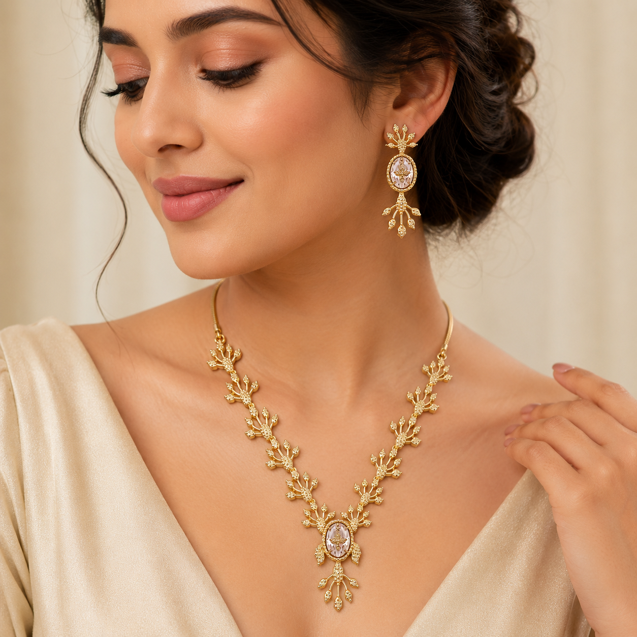 Royal Mehandi Gold Floral Necklace & Earring Set image 1