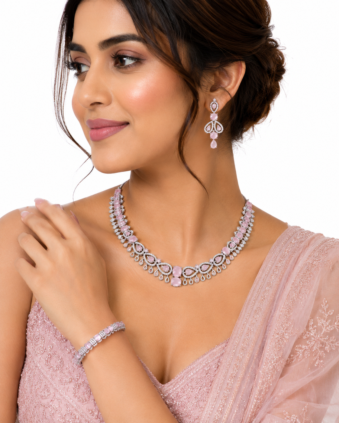 Pink Stone Silver-Plated Jewelry Set Necklace, Earrings & Bracelet image 1