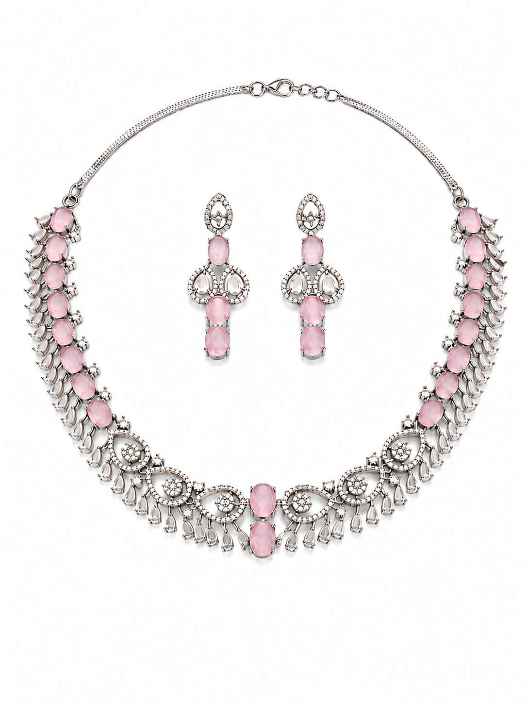 Pink Stone Silver-Plated Jewelry Set Necklace, Earrings & Bracelet image 3