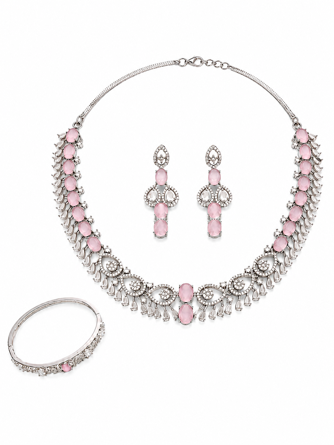 Pink Stone Silver-Plated Jewelry Set Necklace, Earrings & Bracelet image 5