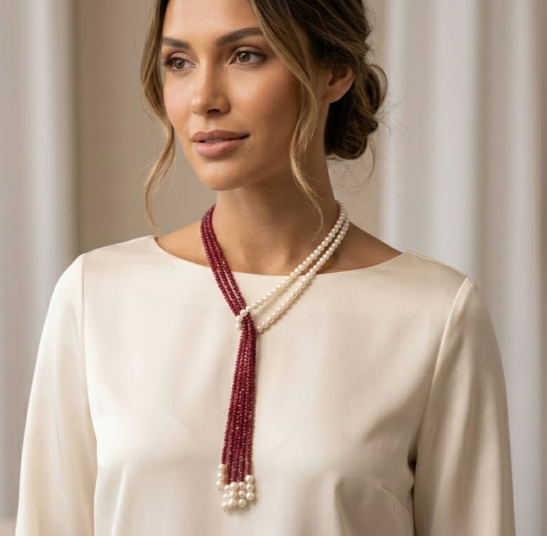 Elegant Dual Set Pearl & Red Beaded Multi-Layer Necklace – Convertible 2-in-1 image 1