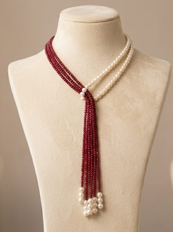 Elegant Dual Set Pearl & Red Beaded Multi-Layer Necklace – Convertible 2-in-1  image 2