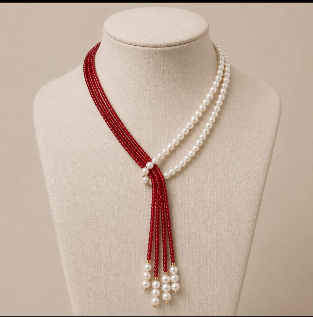 Elegant Dual Set Pearl & Red Beaded Multi-Layer Necklace – Convertible 2-in-1  image 3