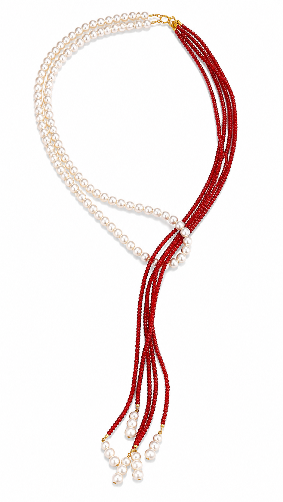 Elegant Dual Set Pearl & Red Beaded Multi-Layer Necklace – Convertible 2-in-1  image 4